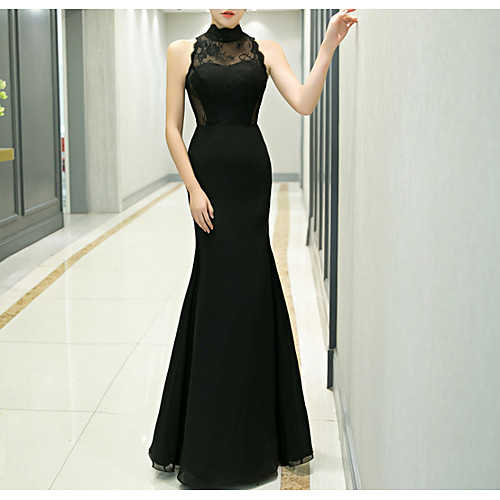 

Mermaid / Trumpet High Neck Floor Length Polyester Sexy / Black Prom / Formal Evening Dress with Appliques 2020