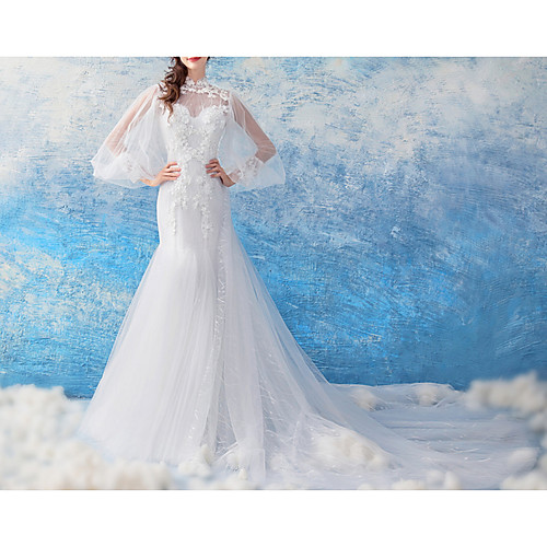 

Mermaid / Trumpet Jewel Neck Court Train Chiffon / Tulle Long Sleeve Formal Illusion Detail / Plus Size Wedding Dresses with Draping / Lace Insert / Appliques 2020
