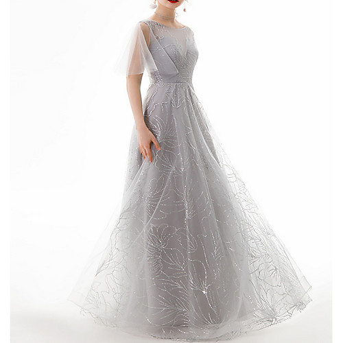 

A-Line Jewel Neck Floor Length Polyester Luxurious / Grey Engagement / Prom Dress with Beading / Sequin 2020
