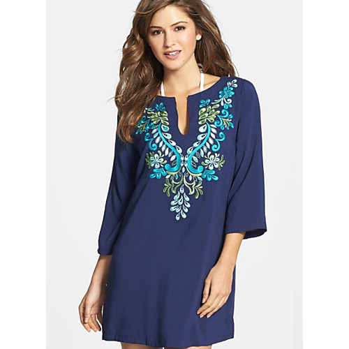 

Women's Blue Dress Shift Floral V Neck One-Size Loose / Cotton