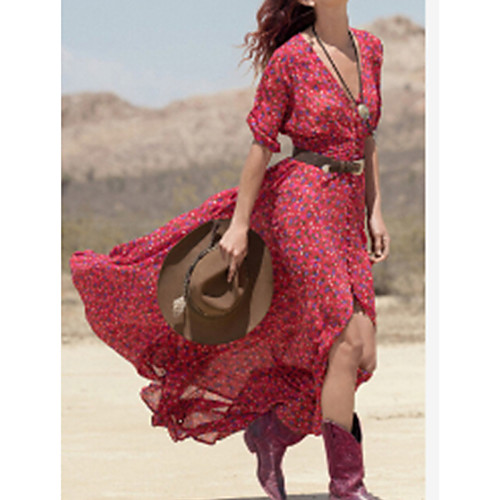 

Women's Maxi Red Dress Swing Print Deep V S M