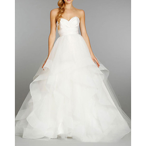 

Ball Gown Strapless Floor Length Tulle Sleeveless Formal Wedding Dresses with Cascading Ruffles 2020