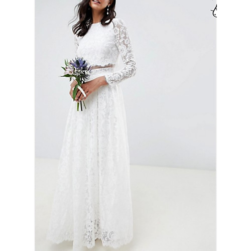 

Two Piece / A-Line Jewel Neck Floor Length Polyester / Lace Long Sleeve Casual / Boho Plus Size Wedding Dresses with Draping 2020