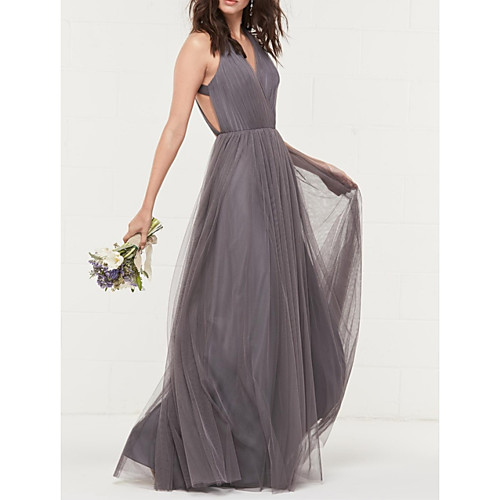

A-Line V Neck Floor Length Tulle Beautiful Back / Grey Engagement / Prom Dress with Pleats 2020