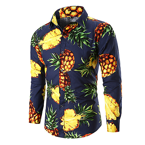 

Men's Fruit Pineapple Print Shirt Going out Work Blue / Blushing Pink / Navy Blue / Fall / Long Sleeve / Cotton