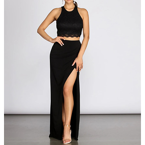 

Two Piece Jewel Neck Floor Length Polyester Sexy / Black Prom / Party Wear Dress with Pleats / Split 2020