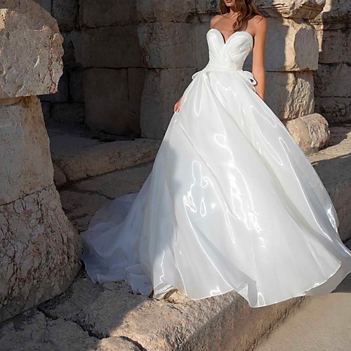 

A-Line Sweetheart Neckline Sweep / Brush Train Polyester Sleeveless Country Plus Size Wedding Dresses with Bow(s) 2020