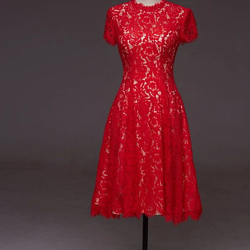 

A-Line Jewel Neck Knee Length Lace Chinese Style / Red Wedding Guest / Cocktail Party Dress with Lace Insert / Appliques 2020