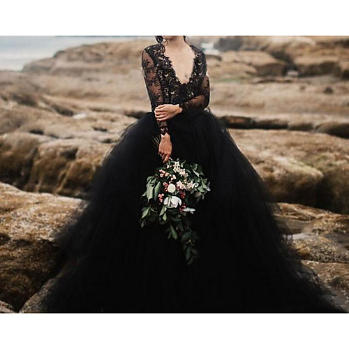 

A-Line Plunging Neck Sweep / Brush Train Polyester Long Sleeve Country Plus Size / Black Wedding Dresses with Lace Insert / Appliques 2020