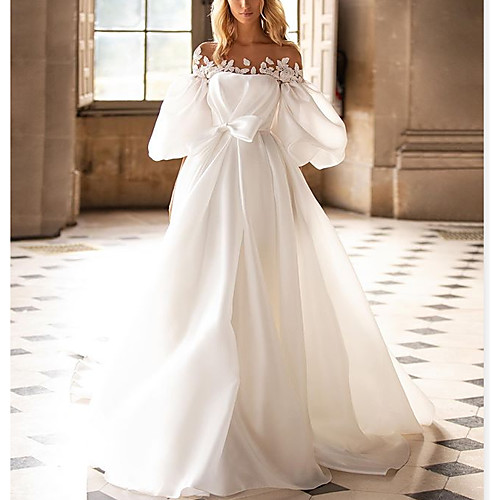 

A-Line Off Shoulder Sweep / Brush Train Satin Half Sleeve Country Plus Size Wedding Dresses with Bow(s) / Draping / Appliques 2020