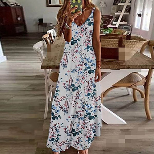 

Women's Maxi A Line Dress - Sleeveless Floral Summer V Neck Plus Size Holiday Vacation Beach Wine Rainbow White Black Blue Yellow Fuchsia Green Navy Blue Green / White S M L XL XXL XXXL XXXXL XXXXXL