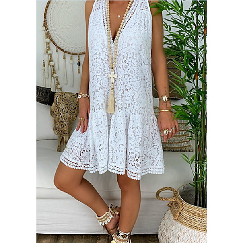 

Women's White Dress Shift Solid Color Deep V S M Loose