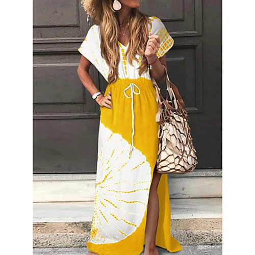 

Women's Yellow Blue Dress A Line Print V Neck S M