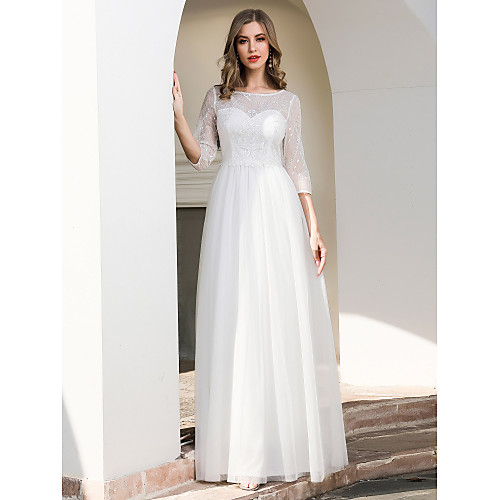 

A-Line Jewel Neck Floor Length Lace / Tulle 3/4 Length Sleeve Formal / Romantic / Simple Wedding Dresses with Lace 2020 / Illusion Sleeve