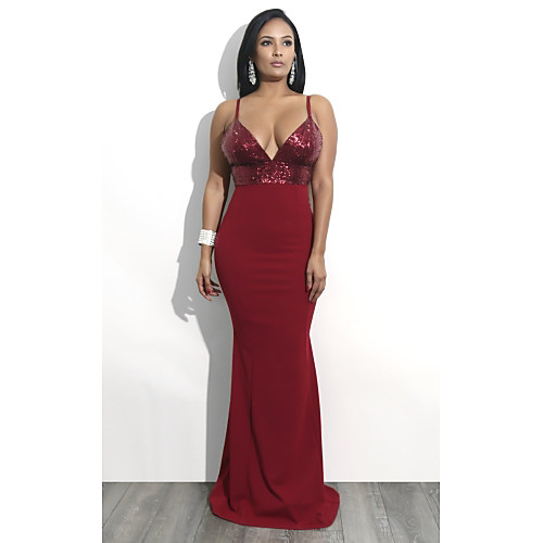 

Mermaid / Trumpet V Neck / Spaghetti Strap Floor Length Polyester / Sequined Sexy / Red Formal Evening / Party Wear Dress with Sequin 2020