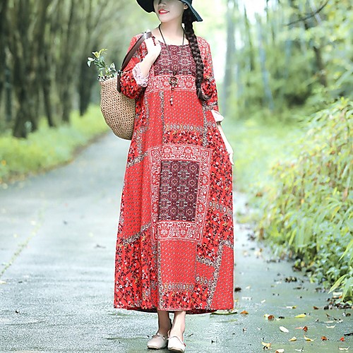 

Women's Maxi Red Green Dress Loose Print M L Loose