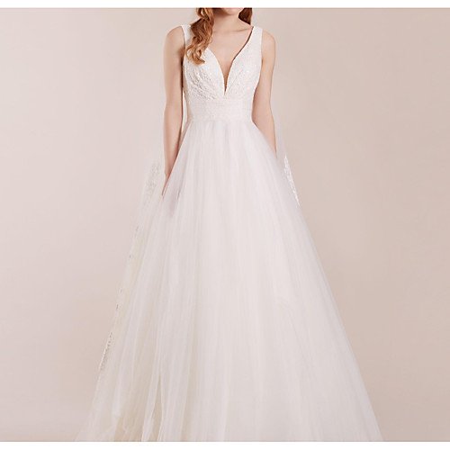 

A-Line Plunging Neck Floor Length Polyester Sleeveless Country Plus Size Wedding Dresses with Lace Insert / Appliques 2020