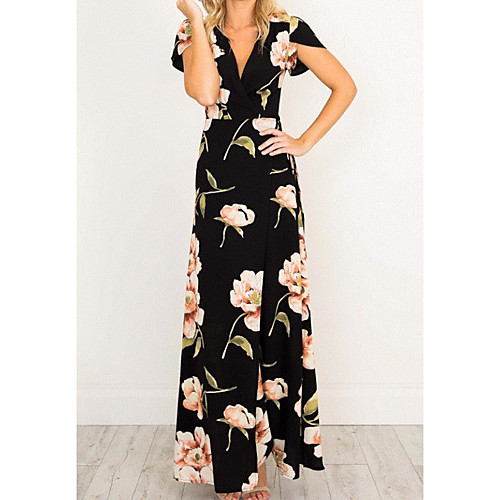 

Women's Maxi Black Dress Swing Print V Neck S M