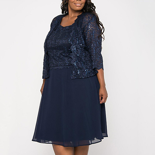 

A-Line Jewel Neck Knee Length Chiffon 3/4 Length Sleeve Plus Size Mother of the Bride Dress with Sequin Mother's Day 2020