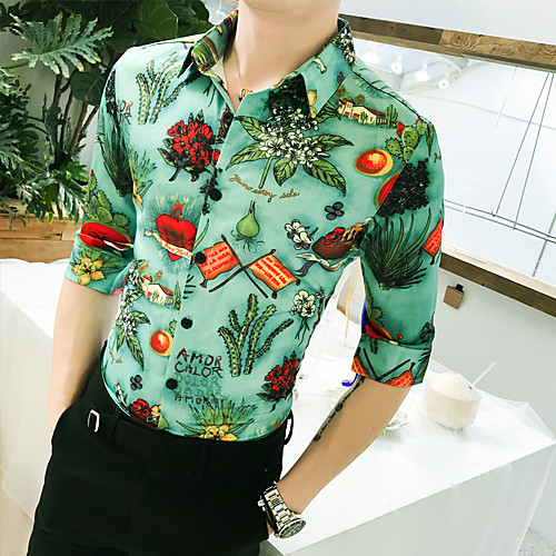 

Men's Going out Club Tropical Shirt - Floral Tropical Leaf / Crane / Pineapple, Print Green