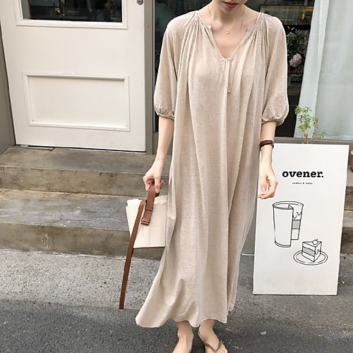 

Women's Maxi Khaki Black Dress Loose Solid Color V Neck One-Size Loose