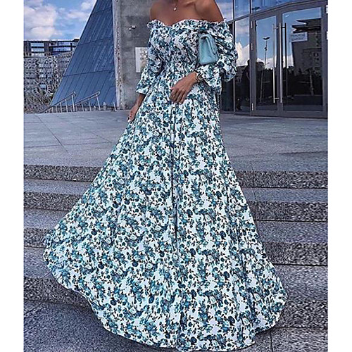

Women's Maxi Light Blue Dress Maxi Dress Spring & Summer Holiday Vacation Beach Swing Floral Print Off Shoulder S M