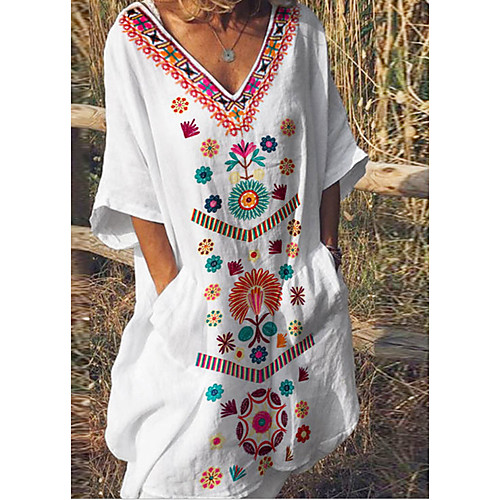 

Women's White Dress A Line Loose Floral Deep V S M Loose