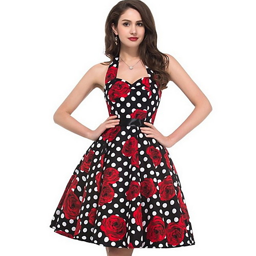 

Women's White Black Dress A Line Polka Dot Deep U S M