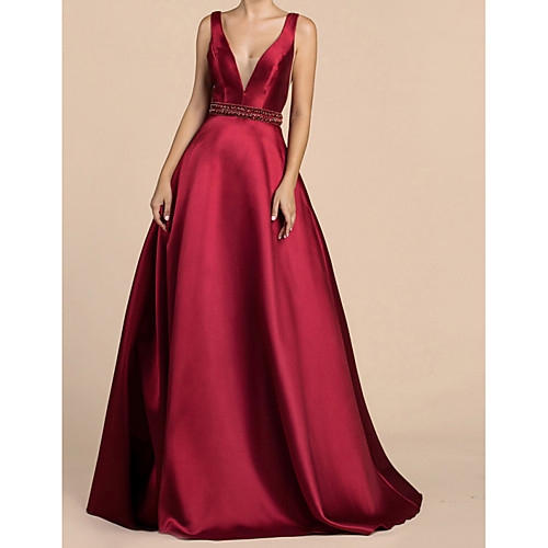

Ball Gown V Neck Sweep / Brush Train Satin Sexy / Red Wedding Guest / Prom Dress with Crystals / Beading 2020