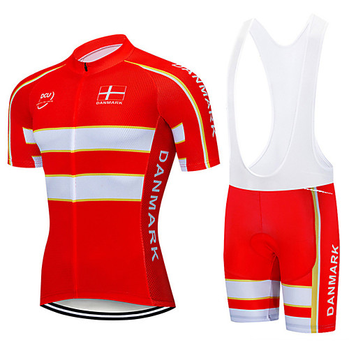 

21Grams Men's Short Sleeve Cycling Jersey with Bib Shorts Red Denmark National Flag Bike Clothing Suit UV Resistant Breathable 3D Pad Quick Dry Sweat-wicking Sports Letter & Number Mountain Bike MTB