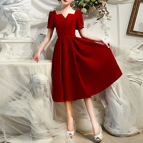 

A-Line Scoop Neck Tea Length Spandex Vintage / Red Cocktail Party / Prom Dress with Pleats 2020