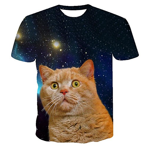 

Men's Daily Going out Basic T-shirt - Geometric / 3D / Animal Cat, Print Royal Blue