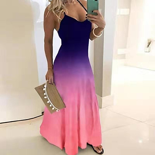 

Women's Maxi Plus Size Purple Blue Dress Swing Color Block Strap S M Slim
