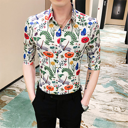 

Men's Going out Club Tropical Shirt - Floral Tropical Leaf / Crane / Pineapple, Print White