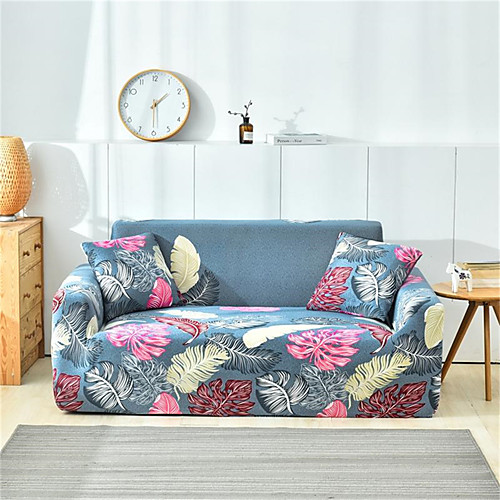 

Blue Leaves Print Dustproof Stretch Slipcovers Stretch Sofa Cover Super Soft Fabric Couch Cover (You will Get 1 Throw Pillow Case as free Gift)