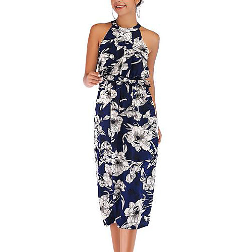 

Women's Red Blue Dress Shift Print Halter Neck S M