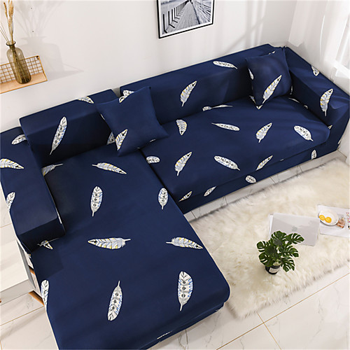 

Blue Feather Print Dustproof All-powerful Slipcovers Stretch L Shape Sofa Cover Super Soft Fabric Couch Cover with One Free Pillow Case