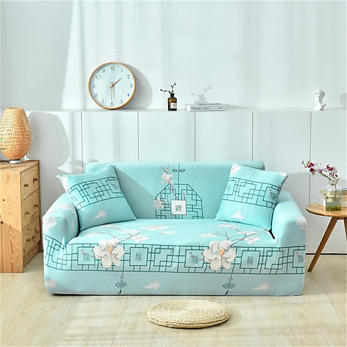 

Light Blue Floral Print Dustproof All-powerful Slipcovers Stretch Sofa Cover Super Soft Fabric Couch Cover with One Free Pillow Case