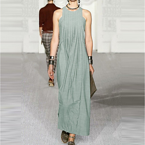 

Women's Maxi Green Dress Swing Solid Color S M Loose