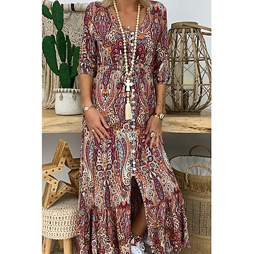 

Women's Wine Dress Sheath Print V Neck S M