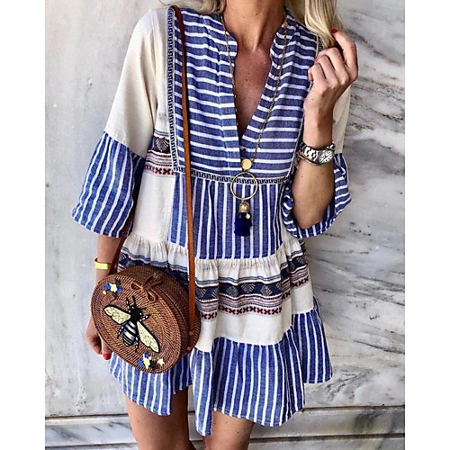 

Women's Blue Dress Loose Striped V Neck S M Loose