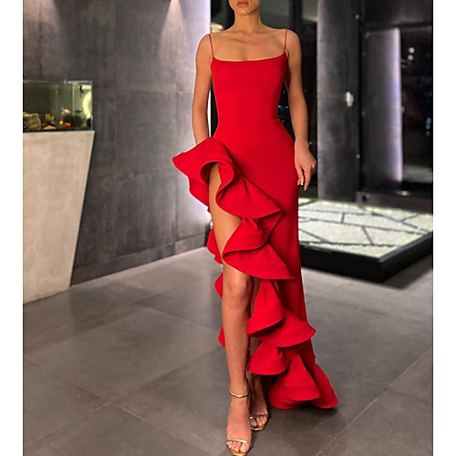 

Sheath / Column Spaghetti Strap Asymmetrical Polyester Sexy / Red Engagement / Prom Dress with Ruffles / Split 2020