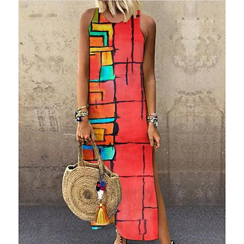 

Women's Maxi Red Dress Shift Color Block S M