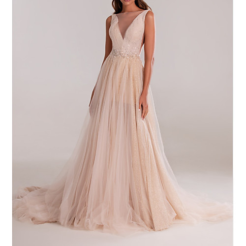 

A-Line Illusion Neck Court Train Tulle Elegant / Pink Engagement / Formal Evening Dress with Crystals / Beading 2020