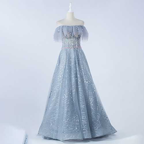 

A-Line Off Shoulder Sweep / Brush Train Tulle Beautiful Back / Gold Prom / Formal Evening Dress with Beading / Ruffles 2020