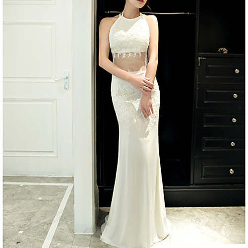 

Mermaid / Trumpet Halter Neck Sweep / Brush Train Polyester Sexy / White Engagement / Formal Evening Dress with Appliques 2020