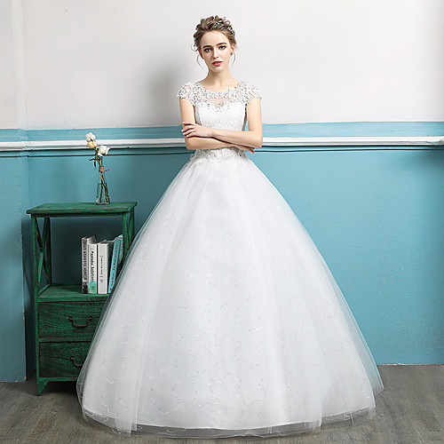 

Ball Gown Jewel Neck Floor Length Polyester / Lace / Tulle Short Sleeve Romantic Wedding Dresses with Lace / Crystals 2020