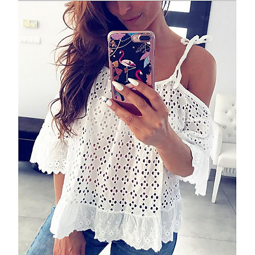 

Women's Daily Blouse - Solid Colored Lace / Embroidery / Hollow Strap White / Spring / Summer