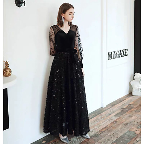 

A-Line V Neck Floor Length Lace / Satin Glittering / Black Formal Evening / Party Wear Dress with Sequin / Pattern / Print 2020