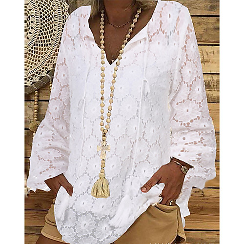 

Women's Daily Vacation Lace Shirt - Solid Colored Lace / Hollow White